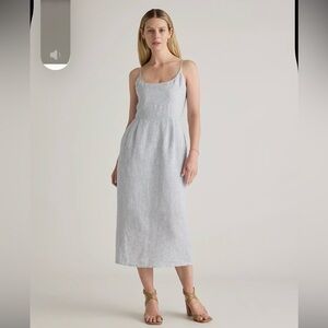 Quince 100% European Linen Scoop Neck Midi Dress Blue/White Pinstrip Size Medium